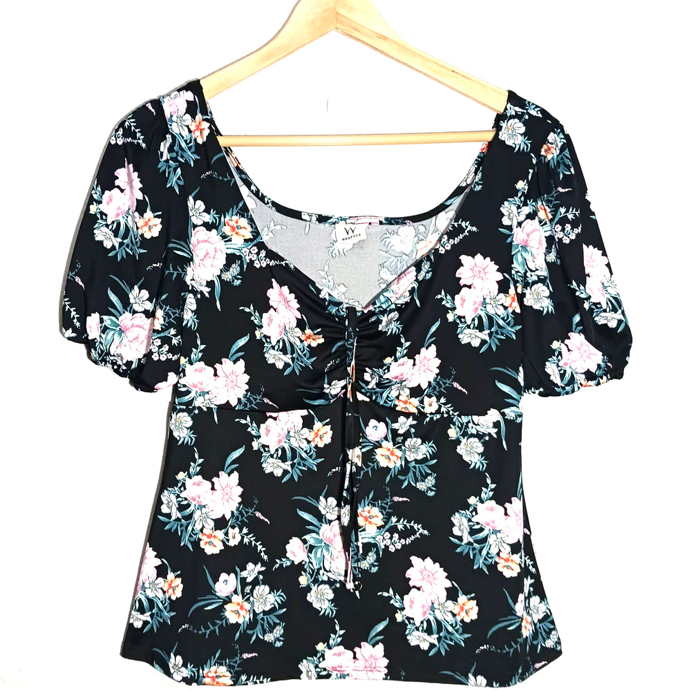 Wrapper Casual Summer Floral Short Sleeve Pink Black Green Size M Shirt Blouse